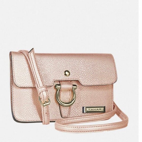 Tahari Rose Gold Mini Glamper Cross Body Bag Faux Pebble Leather - Picture 1 of 12